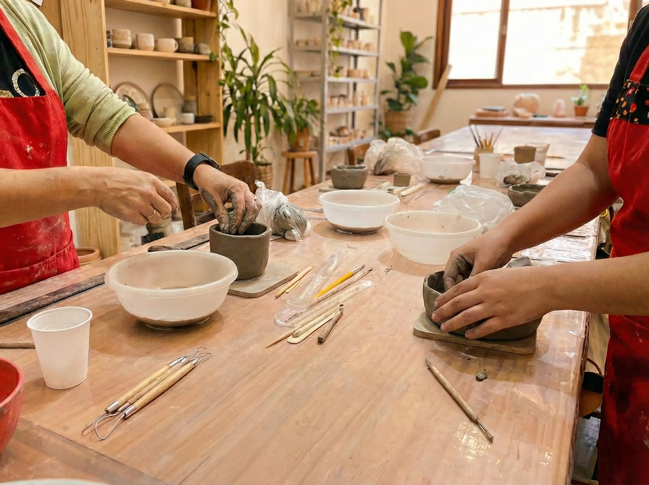 Grupo participando de oficina de cerâmica
