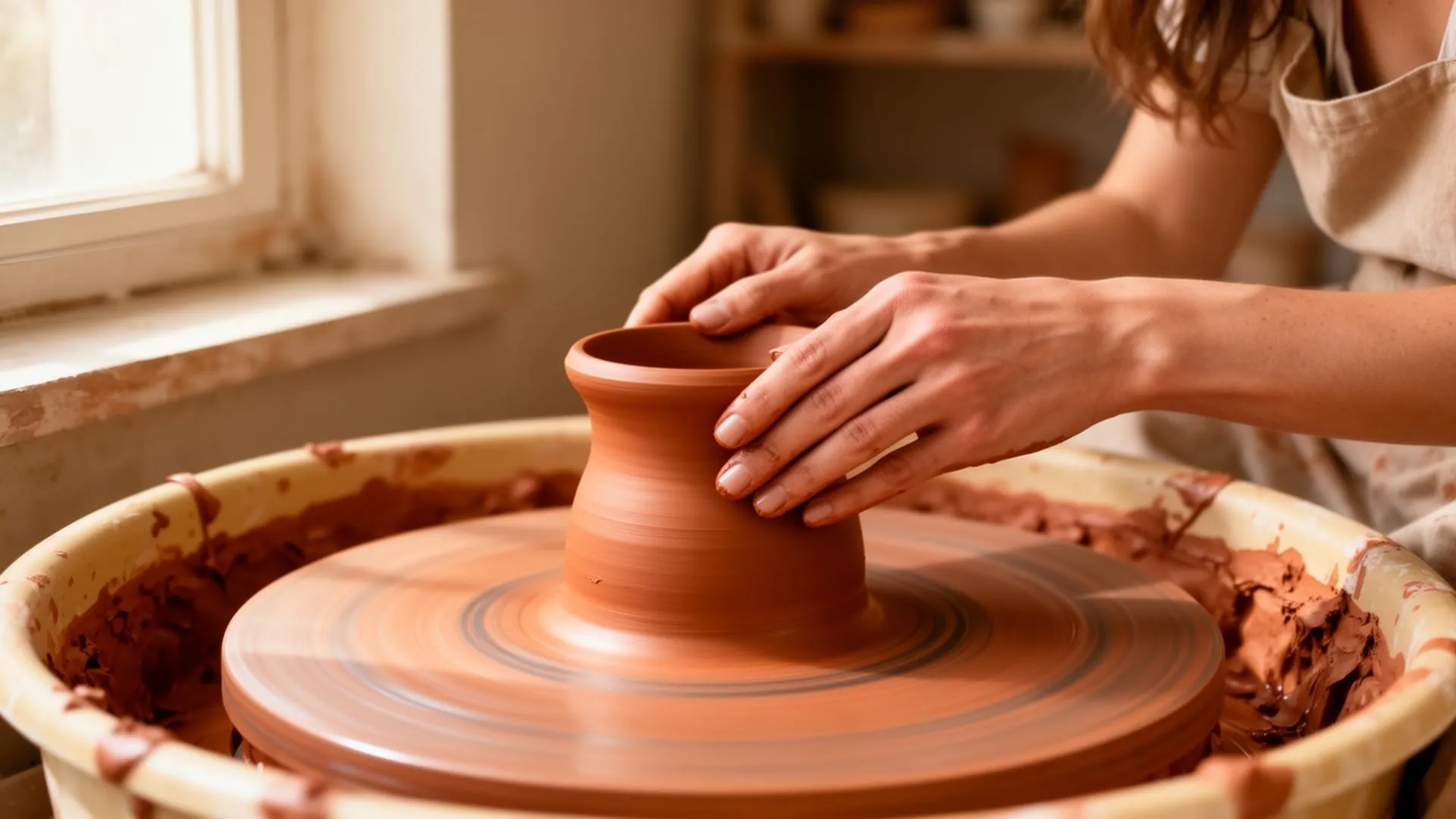 Mãos moldando argila no torno cerâmico